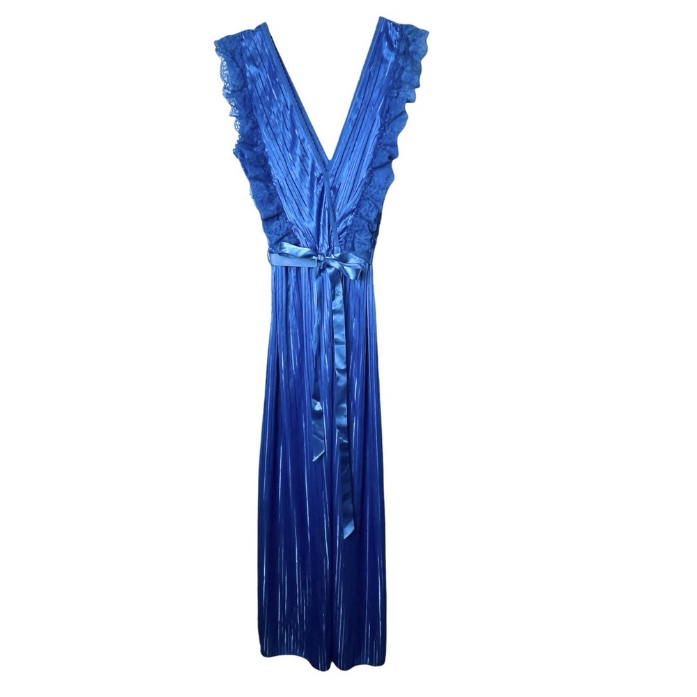 Vintage DARA JANE Blue Nightgown Ruffles Belt Tie Right Striped Sheer‎ Medium